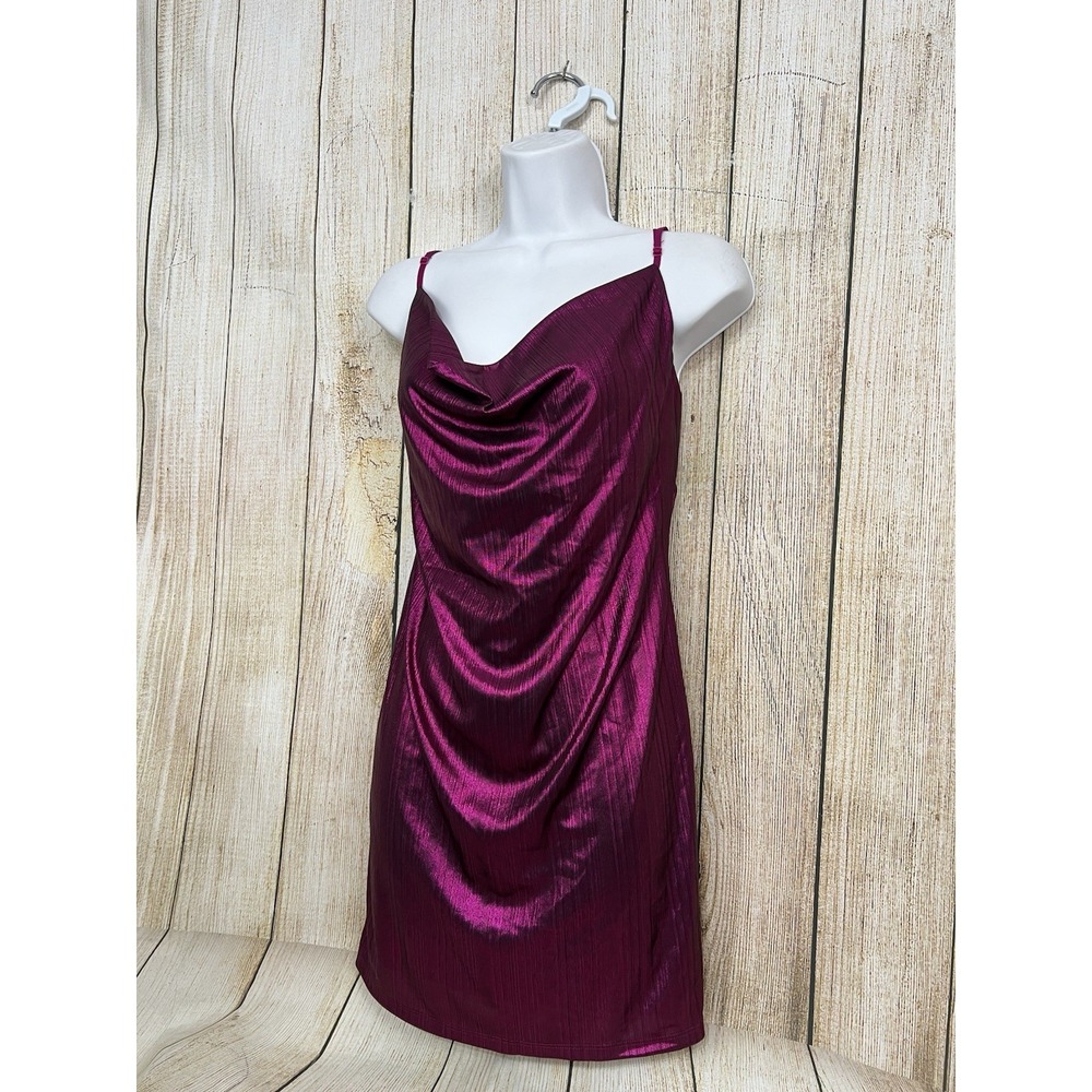 Y2K Mini Slip Dress XL Magenta Satin Cowl Neck Mini Glam Party Metallic Rave - Picture 2 of 7